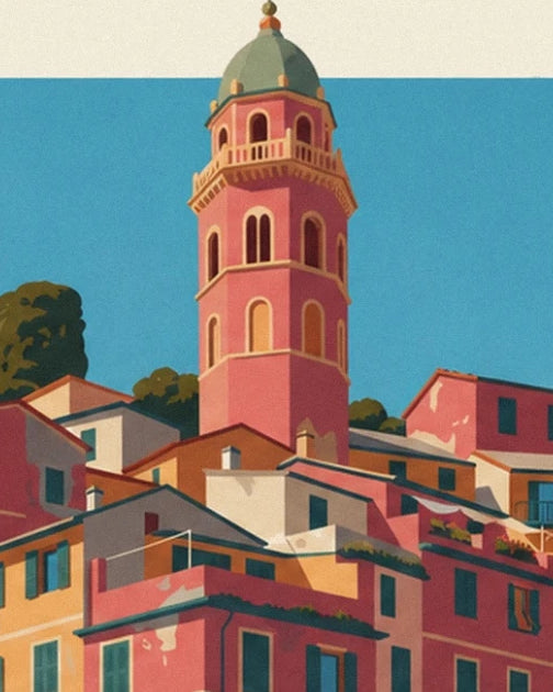 The pink bell tower with its green dome above the colourful houses of Vernazza