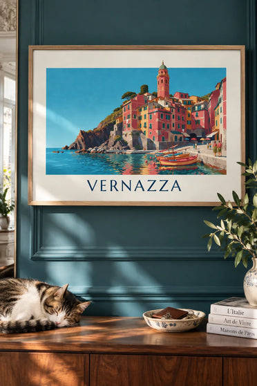 Póster del pueblo de Vernazza y su puerto en las Cinque Terre: enmarcado en la pared