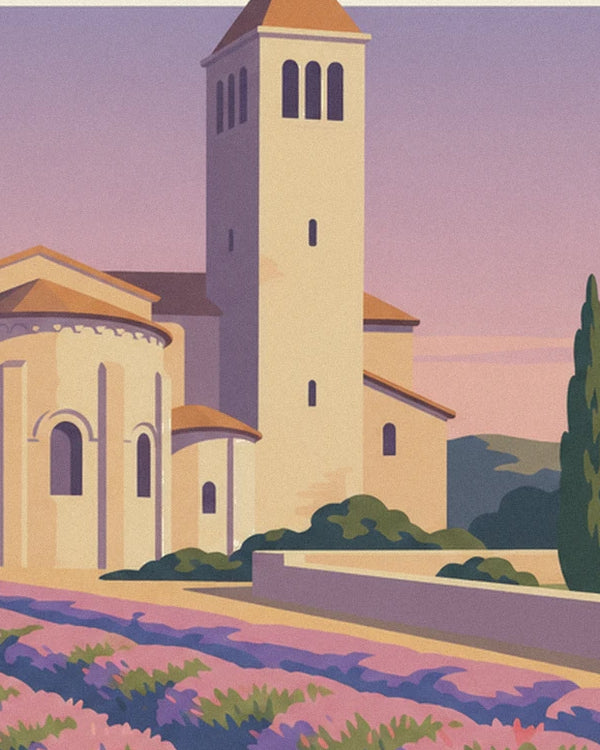 The abbey bell tower and its golden stone apse above the rows of lavender