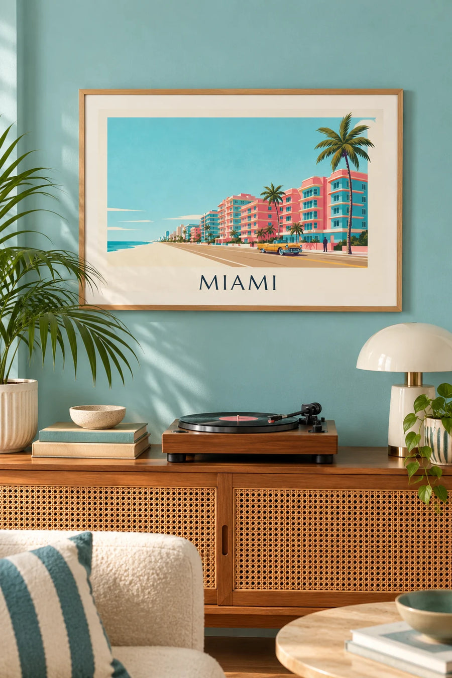 Póster de un descapotable dorado en Ocean Drive, Miami: enmarcado en la pared