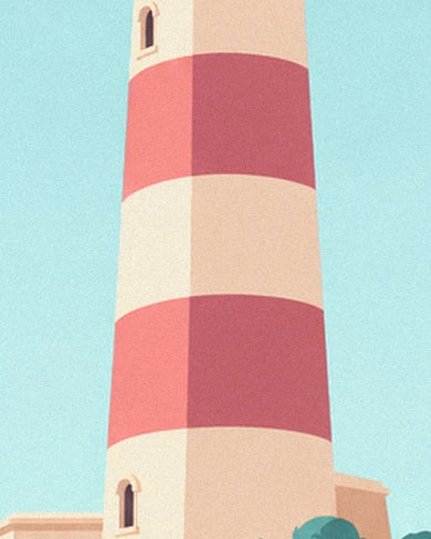 Le phare à larges bandes rouges et crème, avec ses petites fenêtres cintrées