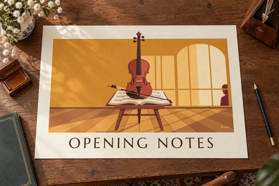 Affiche violon et archet posés sur une partition ouverte : posée sur une table