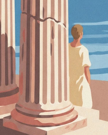 Un personnage en tunique claire derrière une colonne cannelée, face à la mer