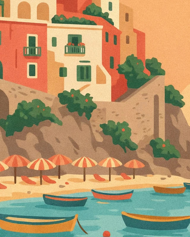 The beach's 6 striped parasols and colourful rowing boats on turquoise water beneath the cliff