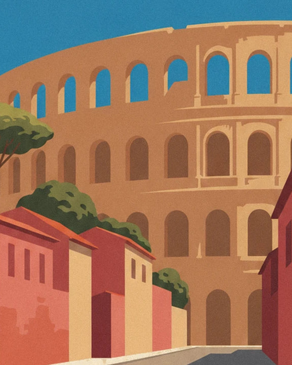 Les arcades ocre du Colisée au-dessus des maisons roses et rouges, sous un ciel bleu