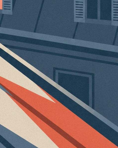 Pans de toit crème et orangé devant une façade bleu ardoise, avec sa fenêtre et ses volets