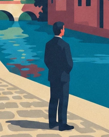 A man in a dark suit on the cobbled quayside, facing the blue canal