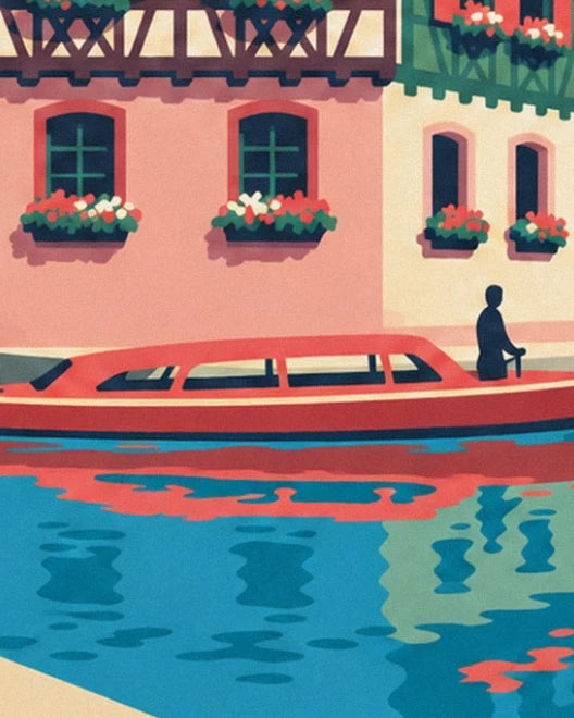 The red boat with a glazed cabin in front of the pink façades and their flower-filled windows