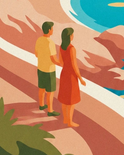 Un couple face à la mer, en robe rouge et en short vert, sur les rochers roses