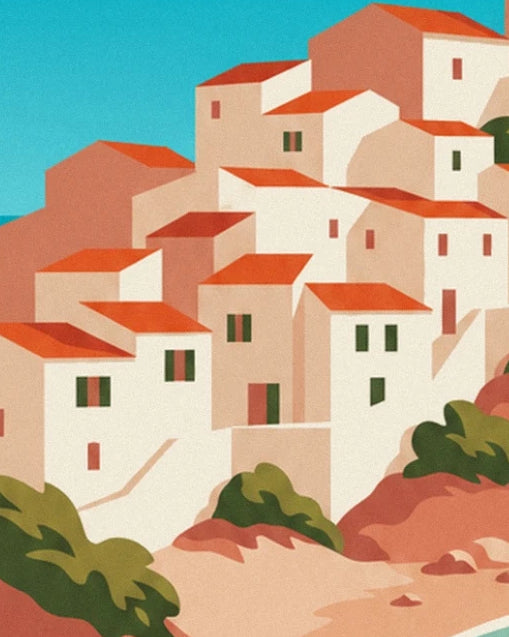 Les maisons blanches du village, leurs toits rouges et leurs volets verts