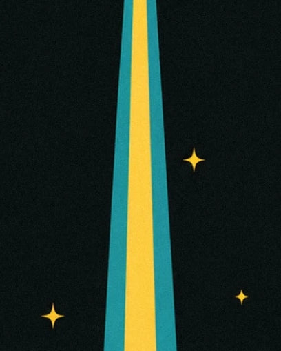 A yellow beam edged in turquoise and 3 golden stars on a black background