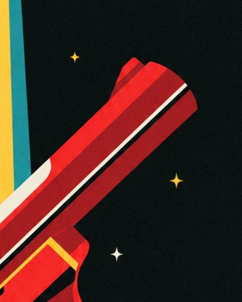 The red barrel of the laser gun highlighted in white among the stars