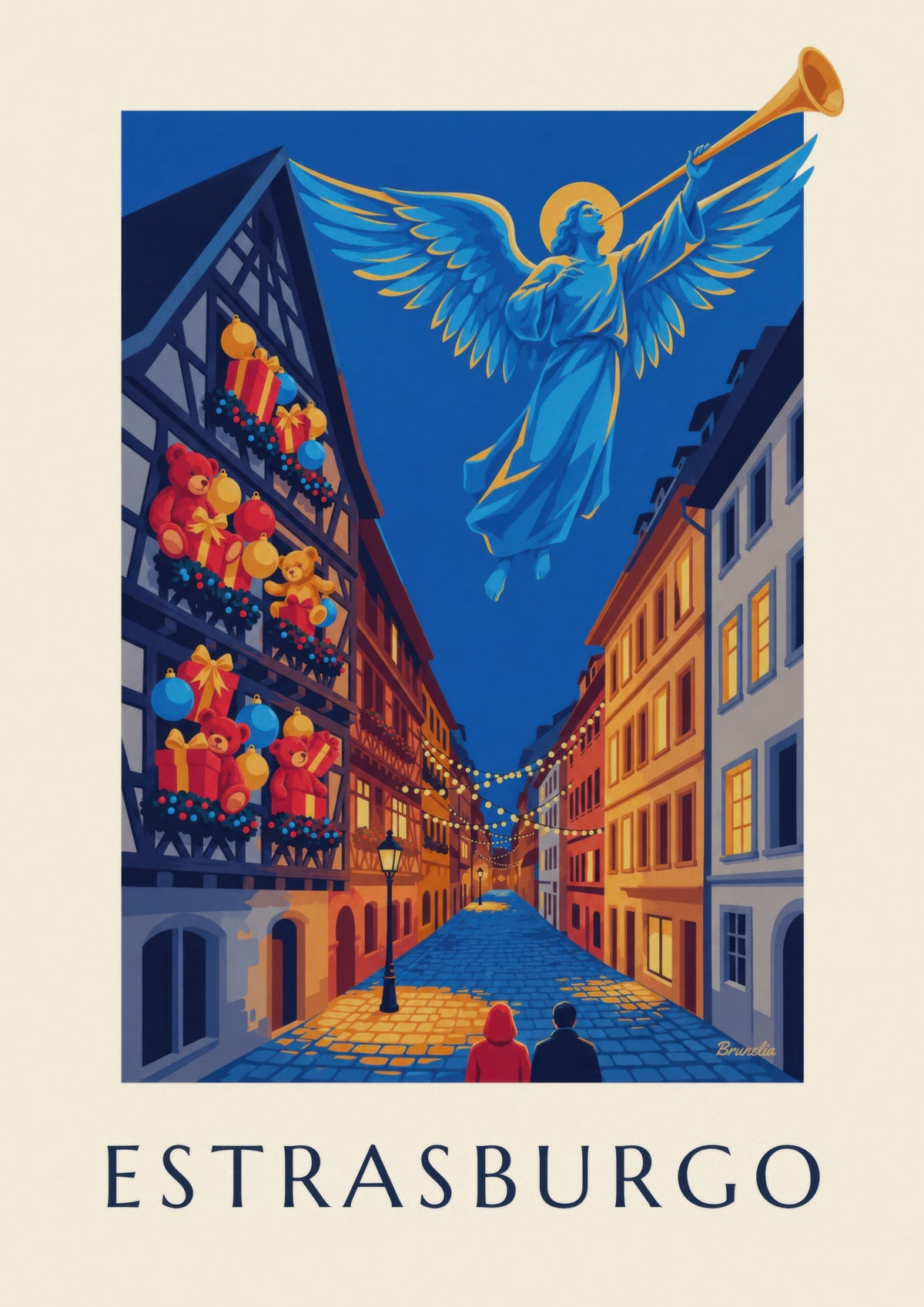 Cartel de Estrasburgo en Navidad, con un ángel luminoso (título ESTRASBURGO)