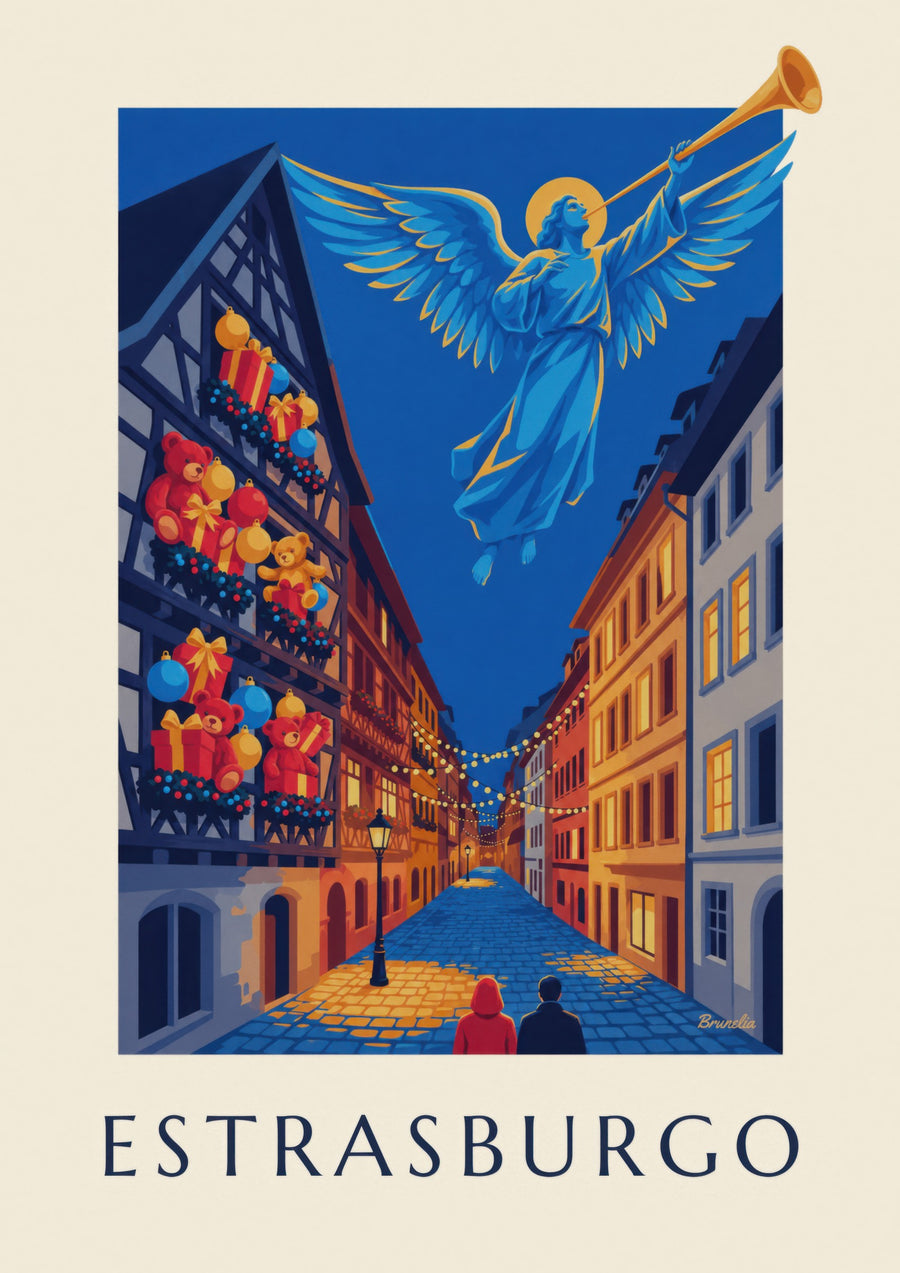 Cartel de Estrasburgo en Navidad, con un ángel luminoso (título ESTRASBURGO)