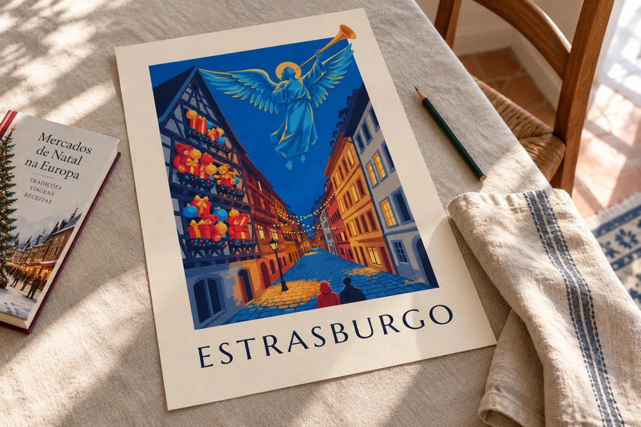 Affiche Strasbourg à Noël, ange lumineux (titre ESTRASBURGO) : posée sur une table