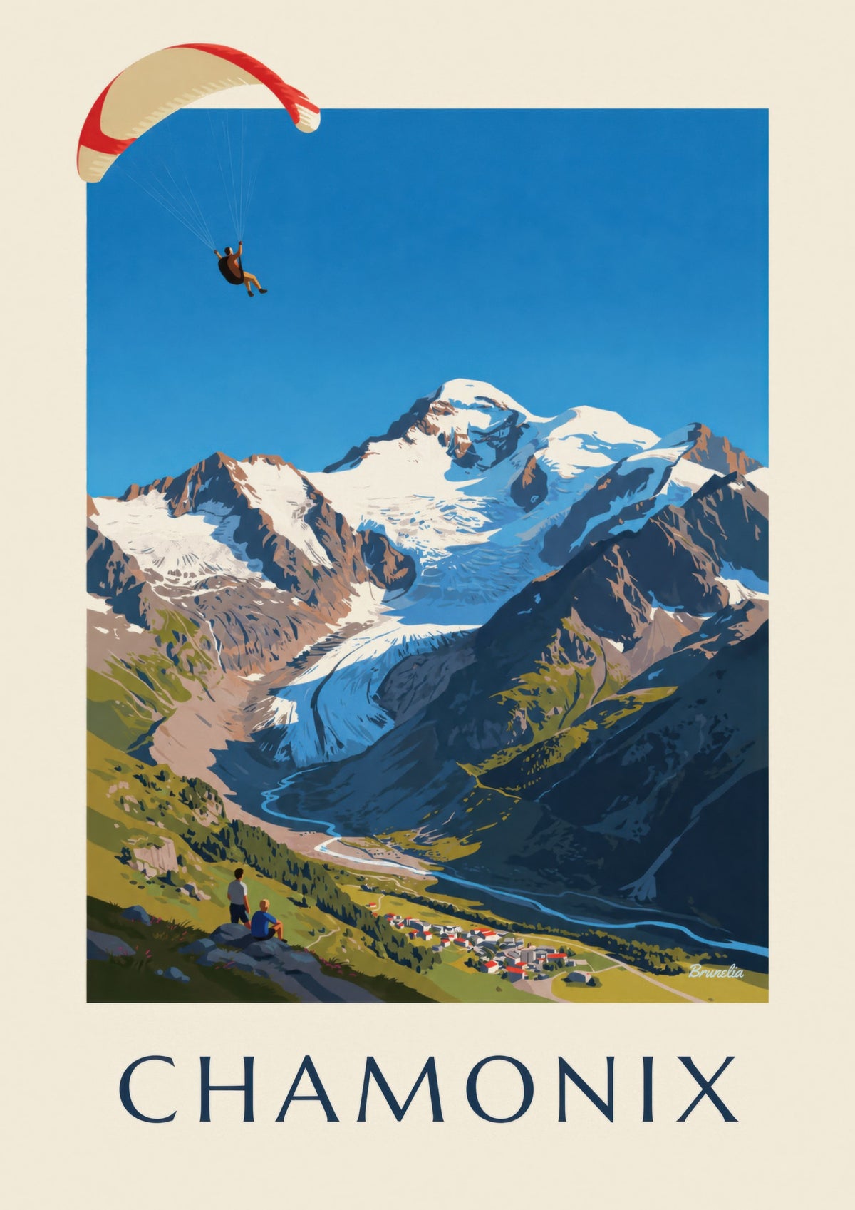 Cartel de parapente en Chamonix y el Mont Blanc