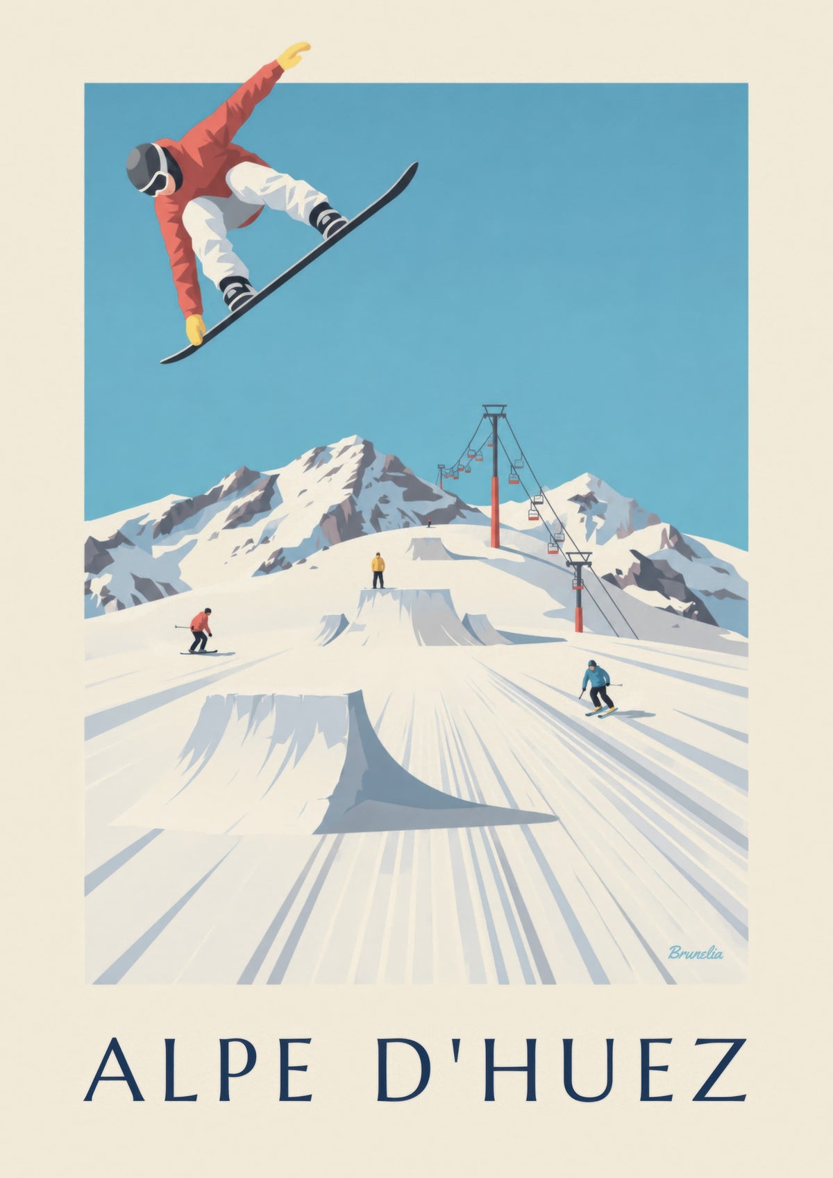 Cartel de Alpe d'Huez, esquiadores y snowboarders