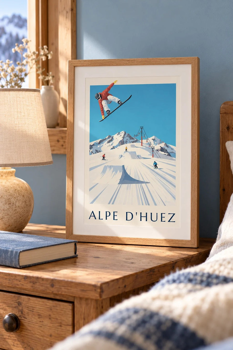 Affiche Alpe d'Huez, skieurs et snowboardeurs : petit format A4 encadré
