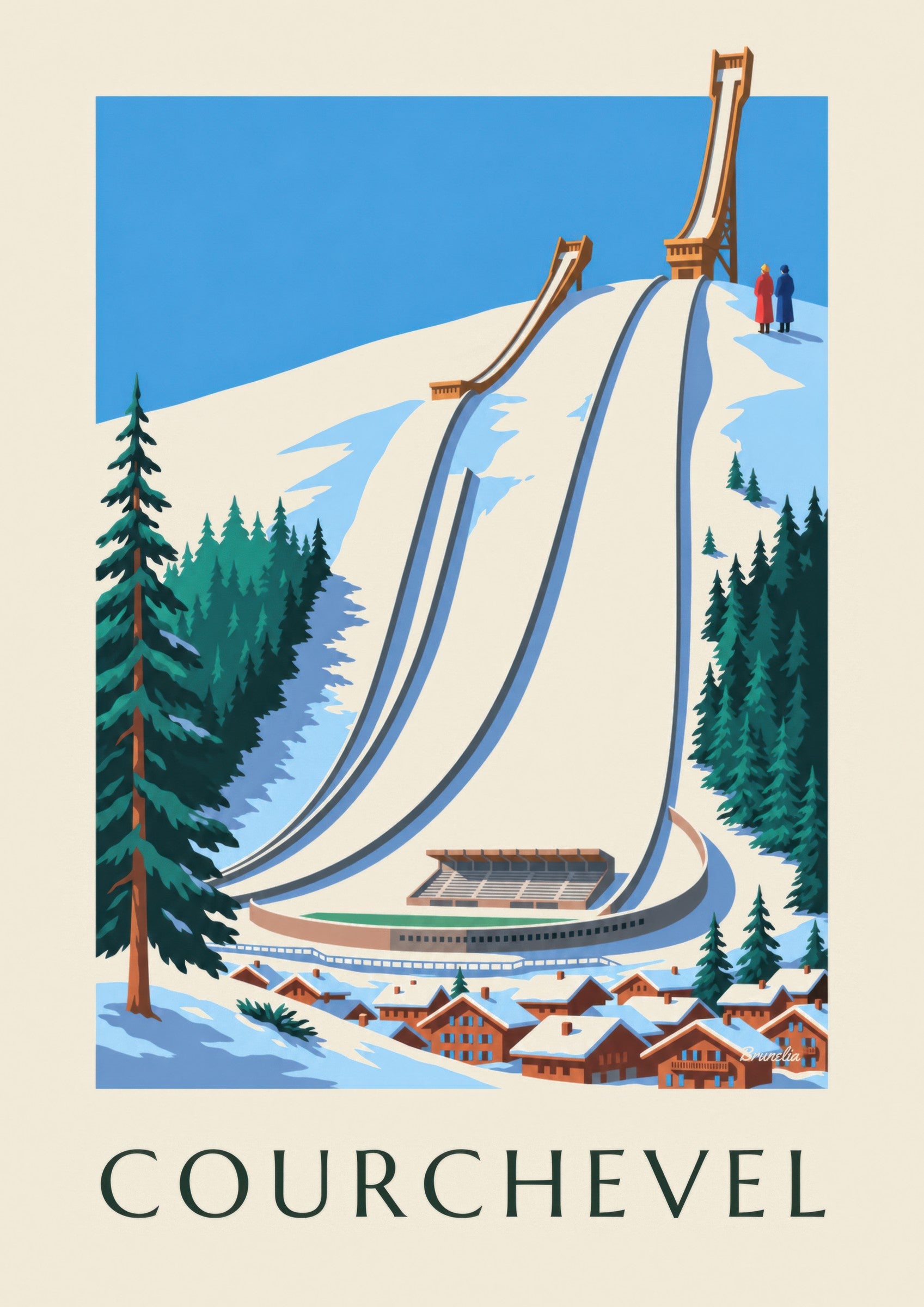 Affiche Courchevel, les tremplins du Praz sous la neige: detalle en primer plano