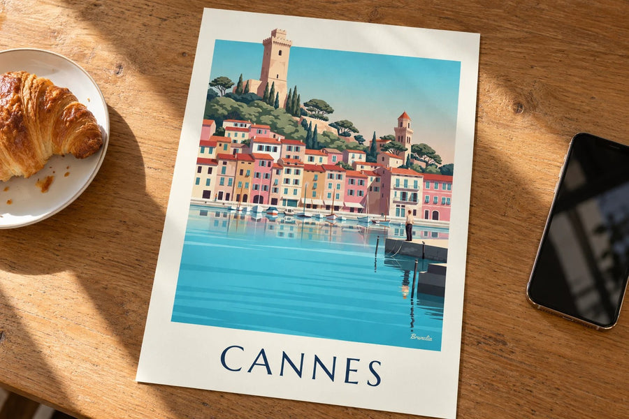 Póster del Puerto Viejo de Cannes y Le Suquet : apoyado sobre una mesa
