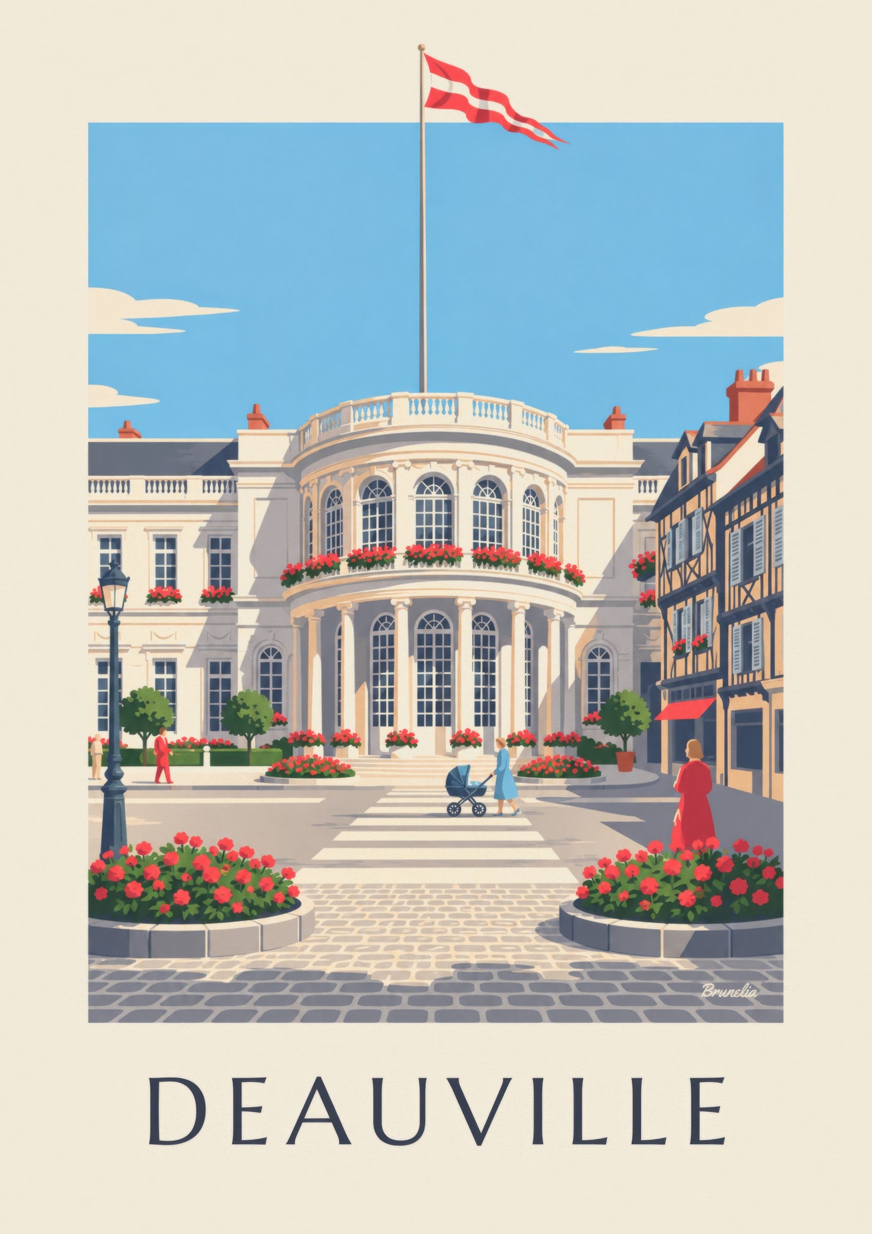 Affiche Deauville casino blanc et géraniums: detalle en primer plano