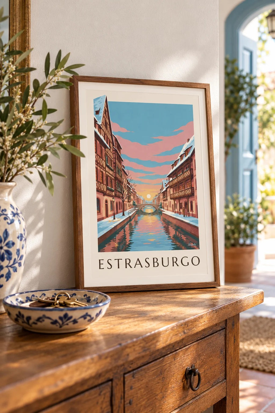 Affiche Petite France à Strasbourg en hiver (titre ESTRASBURGO) : petit format A4 encadré