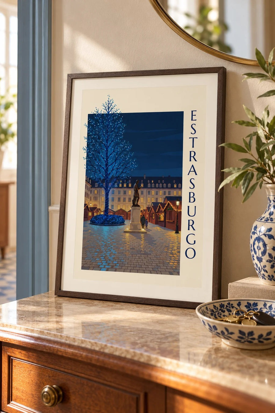 Affiche Noël à Strasbourg, place Gutenberg (titre ESTRASBURGO) : petit format A4 encadré