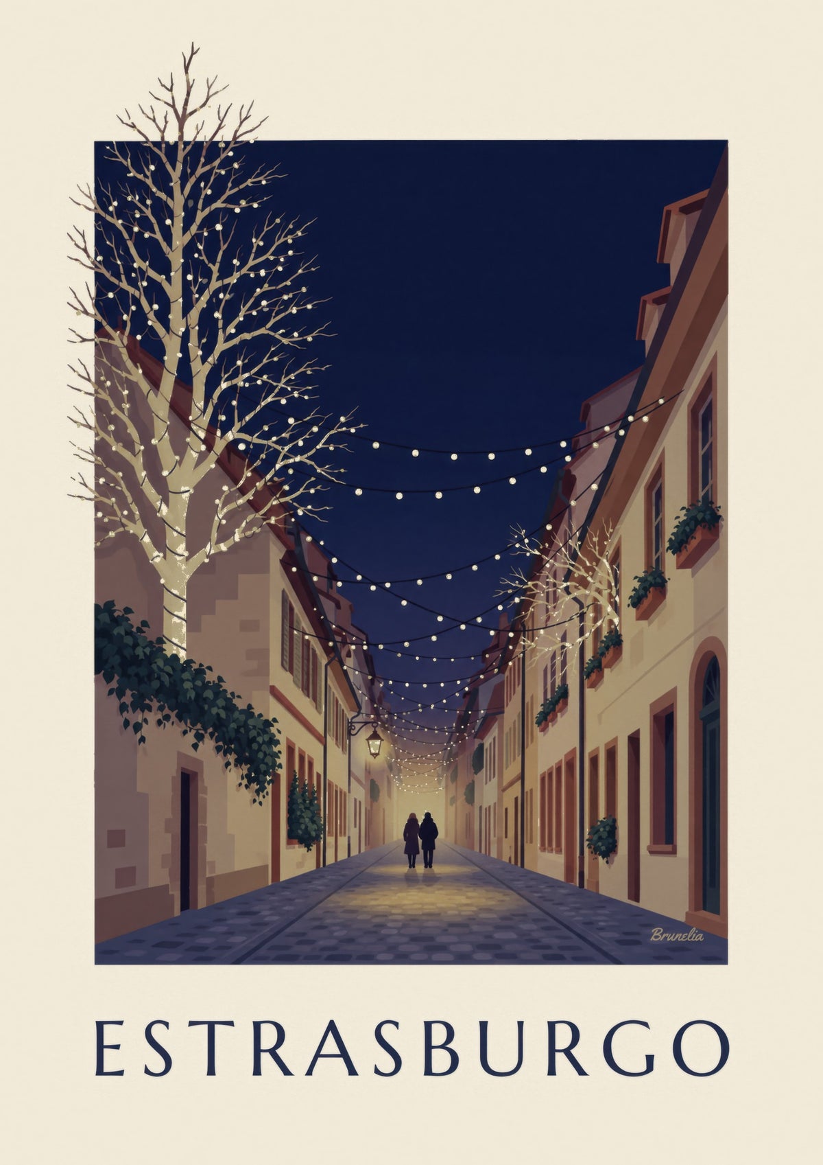 Póster de una callejuela de Estrasburgo iluminada por Navidad (título ESTRASBURGO)