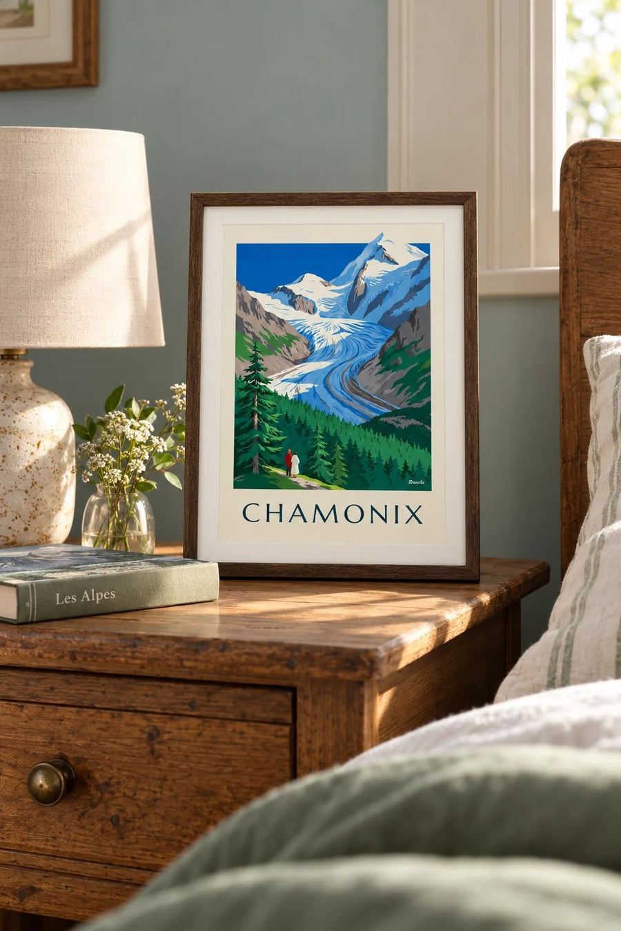 Affiche Chamonix, glacier des Bossons et Mont-Blanc : petit format A4 encadré