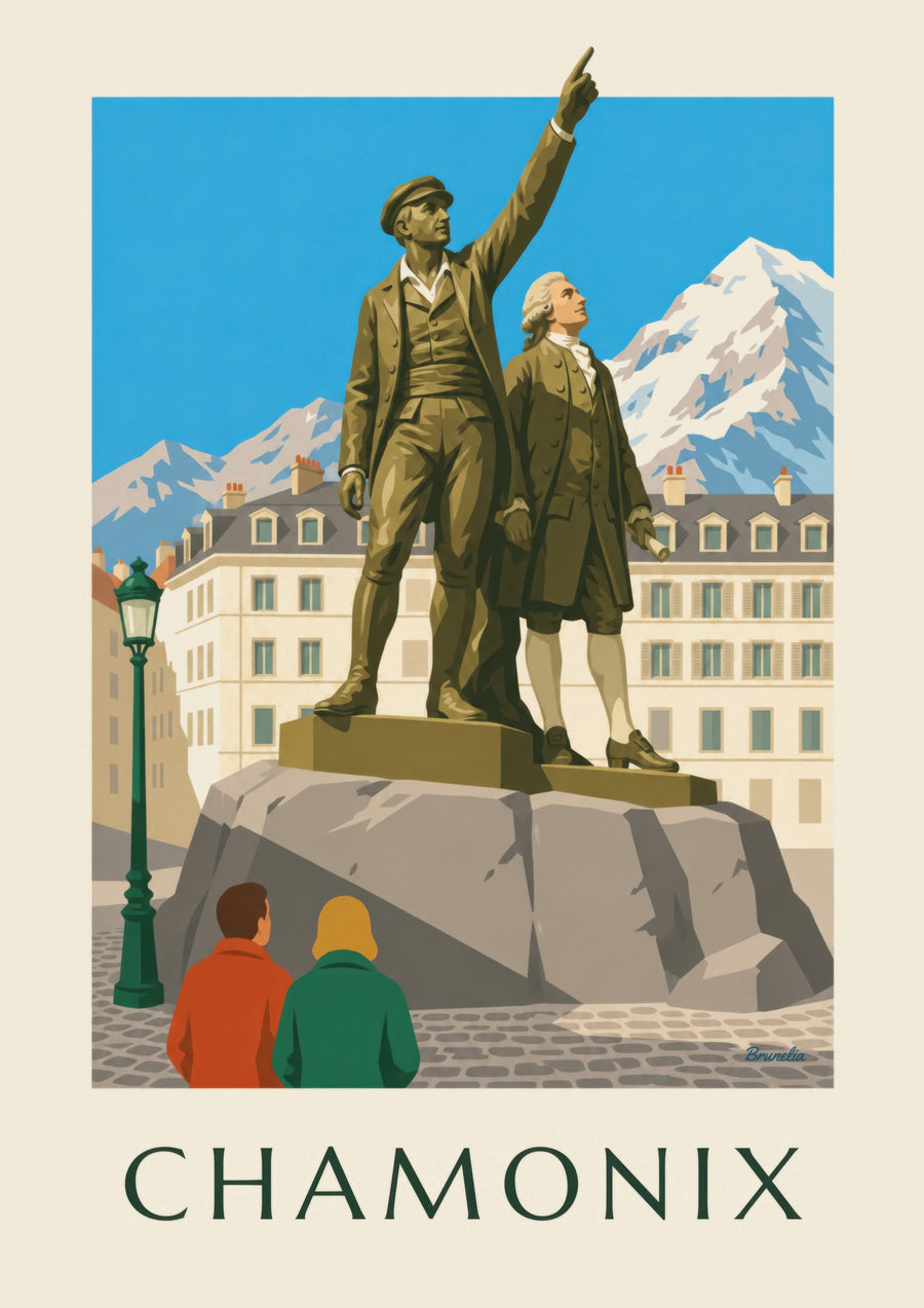 Póster de la estatua de Balmat y Saussure en Chamonix