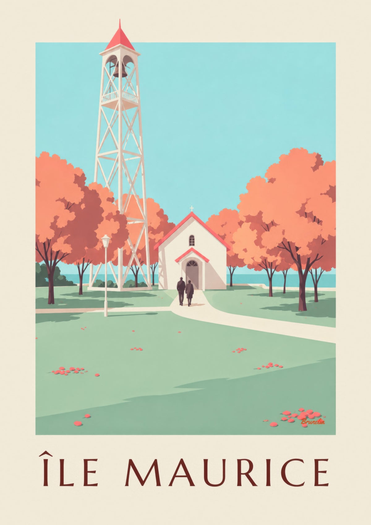 Póster de la isla Mauricio, iglesia de tejado rojo (título ISLA MAURICIO)
