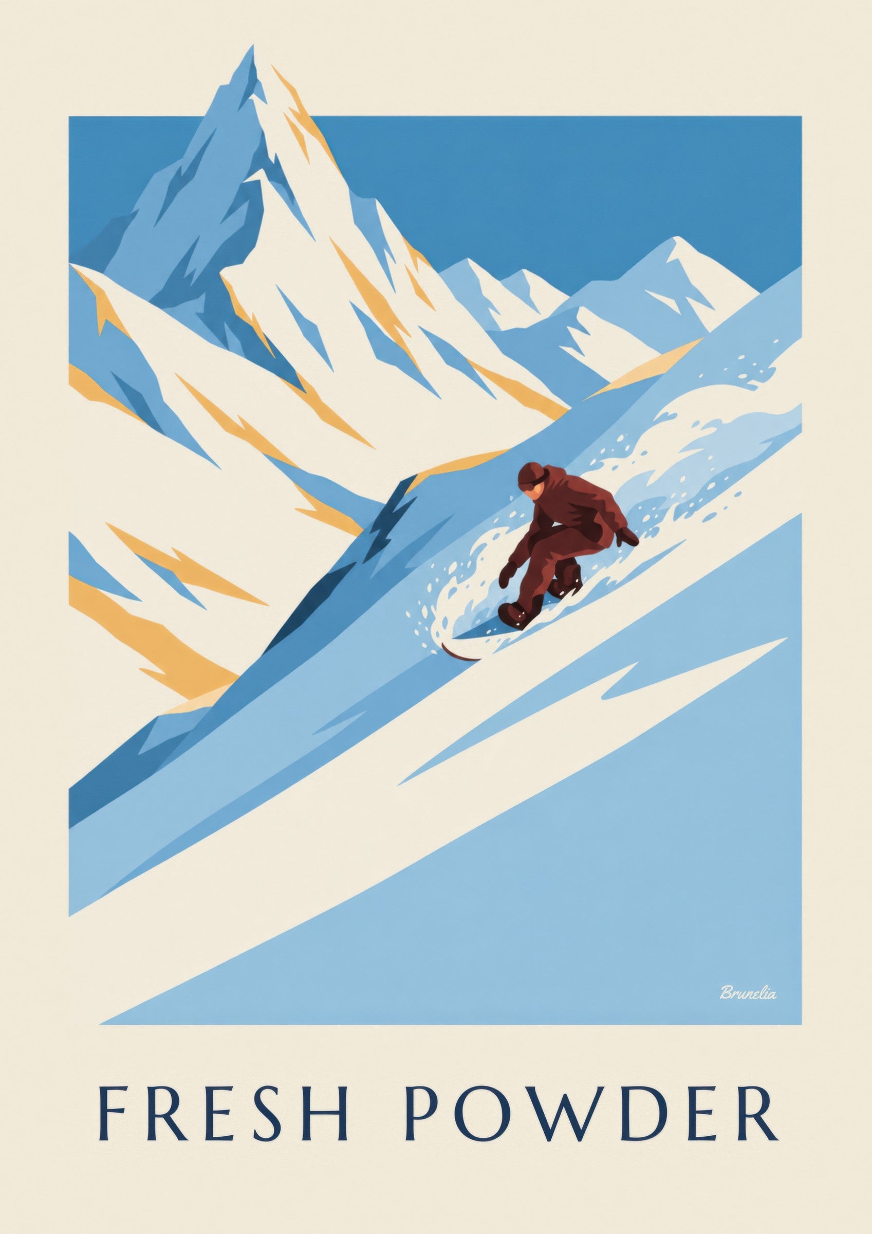 Affiche snowboard dans la poudreuse: detalle en primer plano