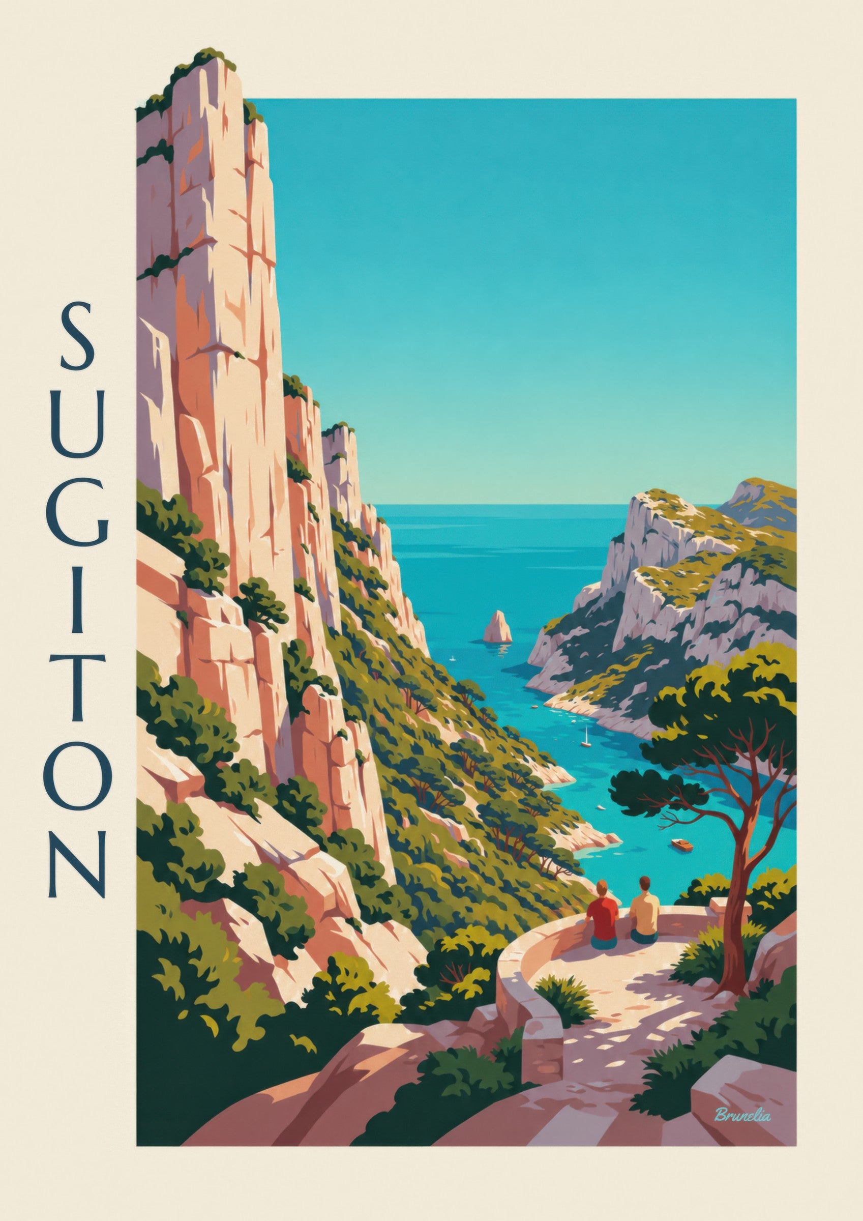 Affiche calanque de Sugiton vue du belvédère: detalle en primer plano