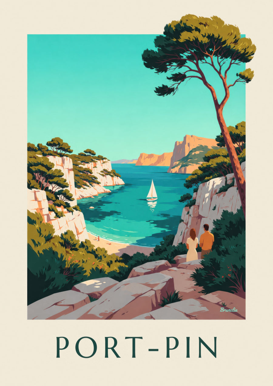 Póster de la calanque de Port-Pin y un velero