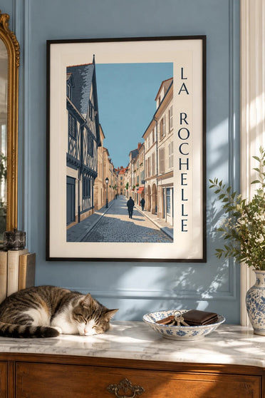 Póster de una casa de entramado de madera de La Rochelle : enmarcado en la pared