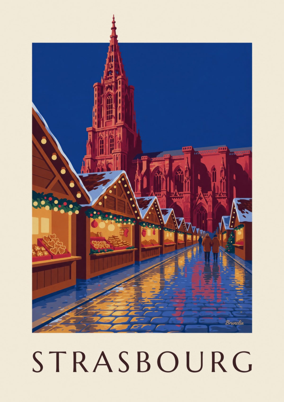 Póster del mercado navideño de Estrasburgo de noche