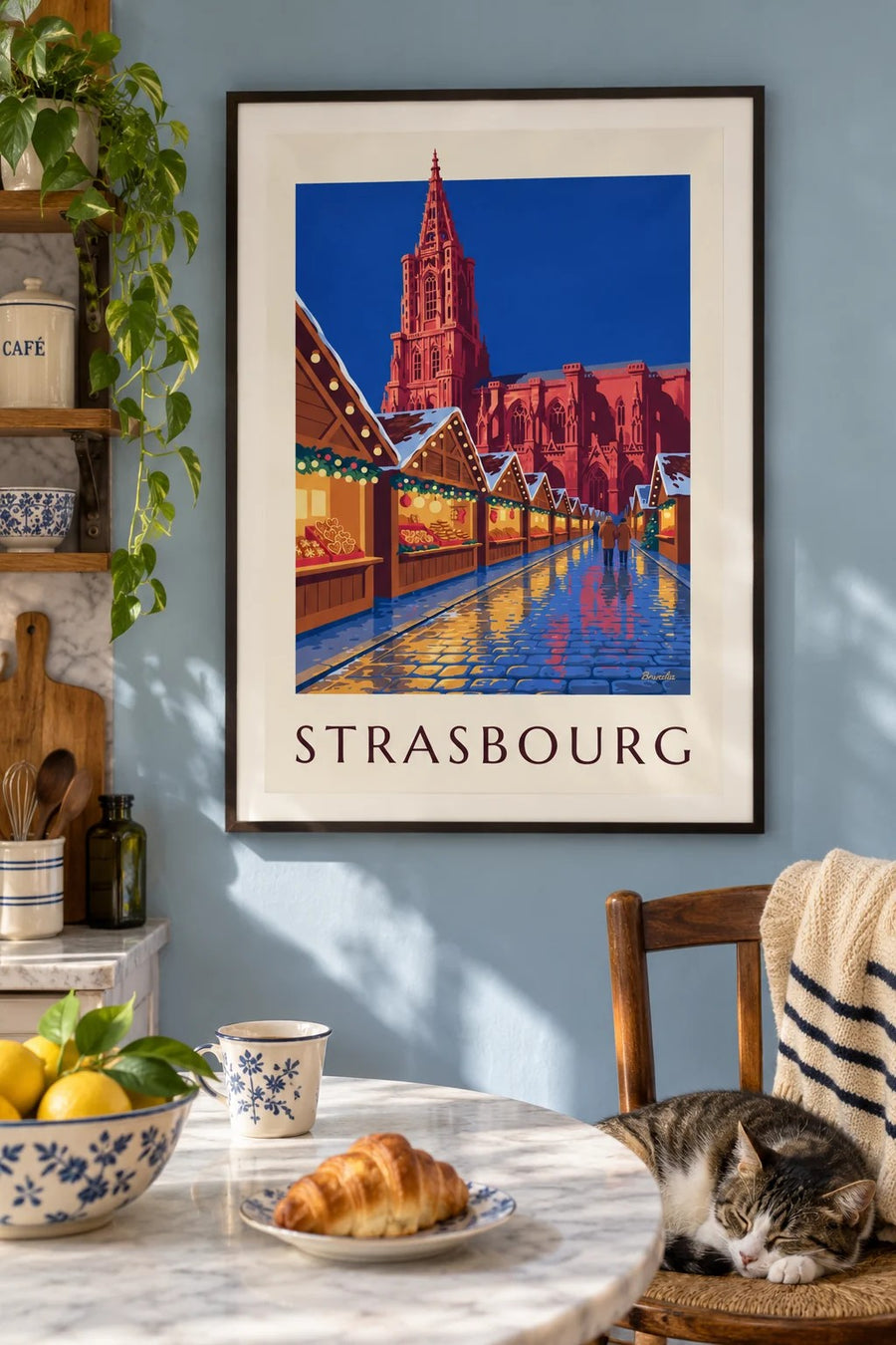Affiche marché de Noël de Strasbourg la nuit : encadrée au mur