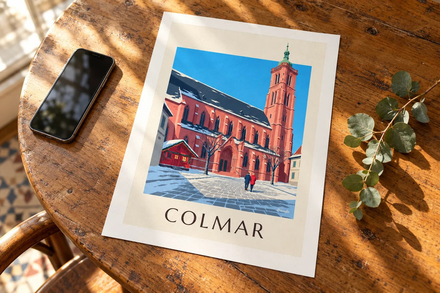 Lámina de la colegiata de San Martín de Colmar en invierno : apoyado sobre una mesa