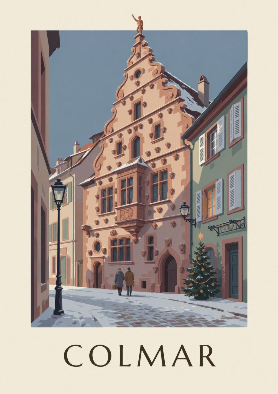 Lámina de la Casa de las Cabezas de Colmar en invierno