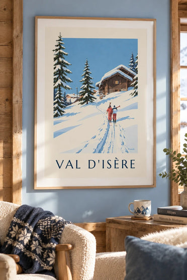 Lámina de Val d'Isère, esquiadores en la nieve : enmarcado en la pared