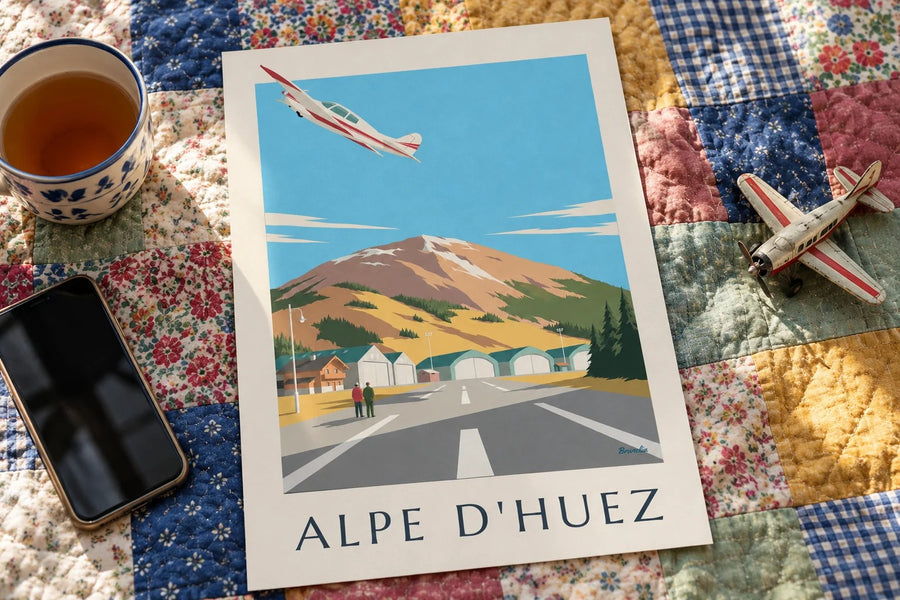 Affiche altiport de l'Alpe d'Huez : posée sur une table