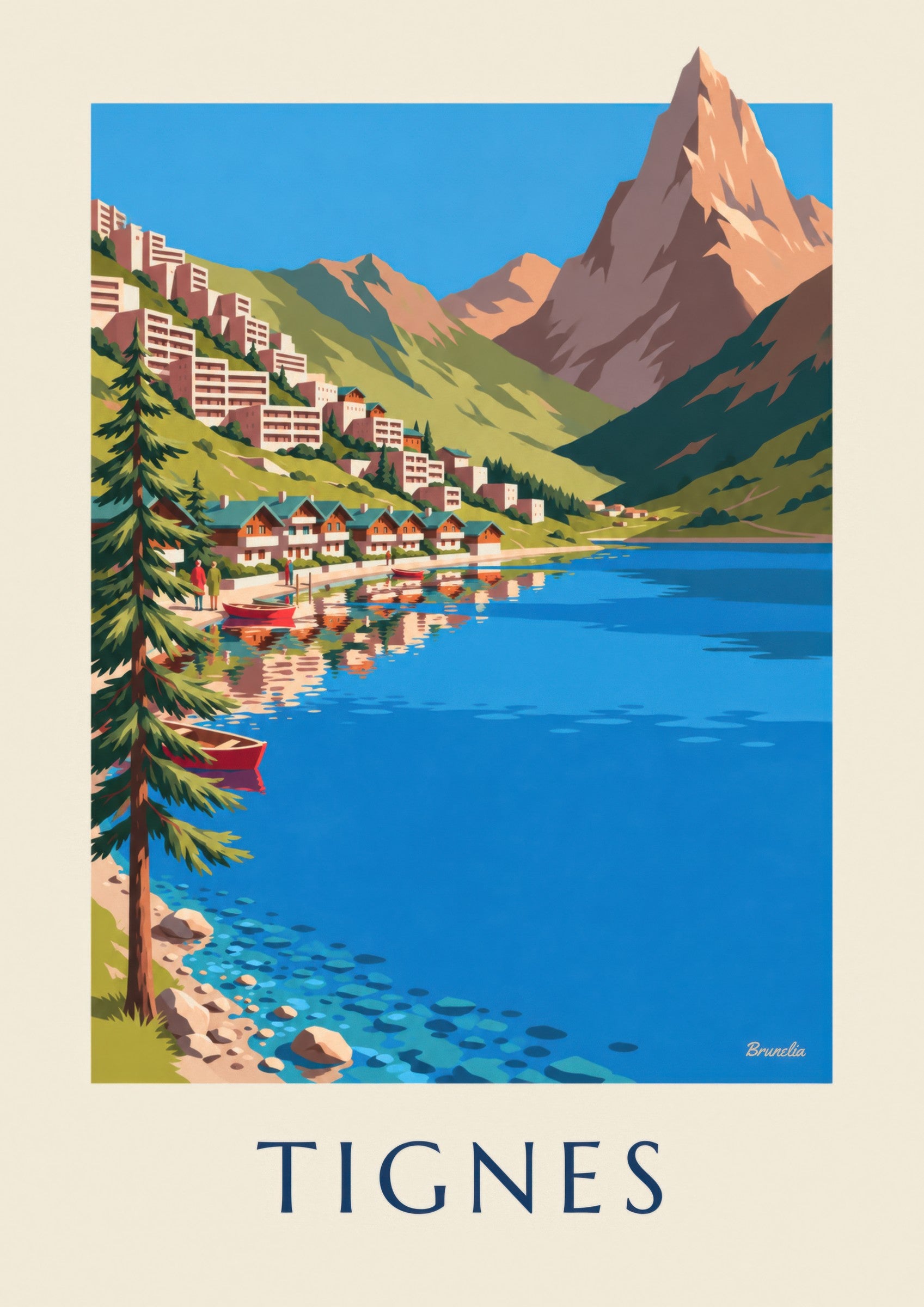 Póster de Tignes, el lago y Tignes-Le Lac en verano: detalle en primer plano