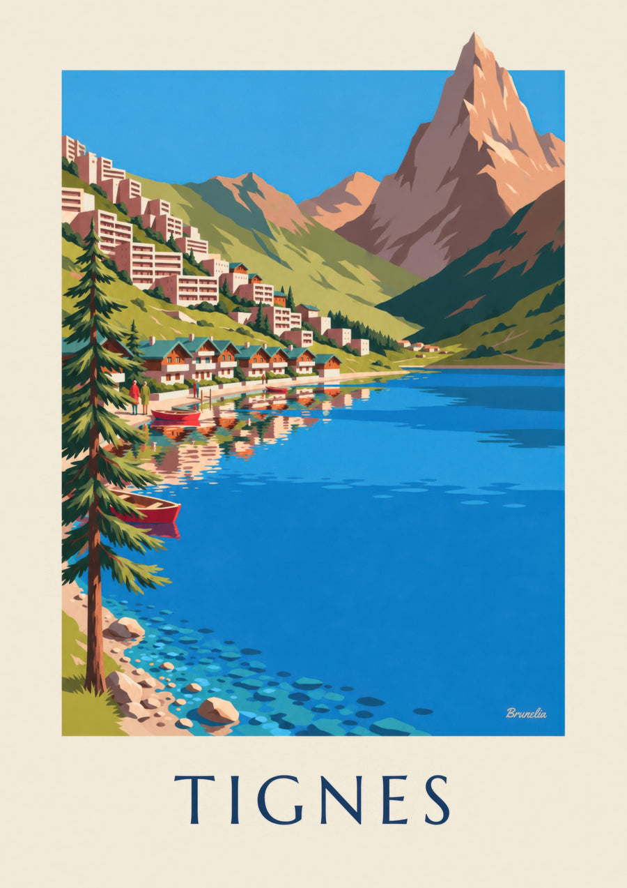 Póster de Tignes, el lago y Tignes-Le Lac en verano