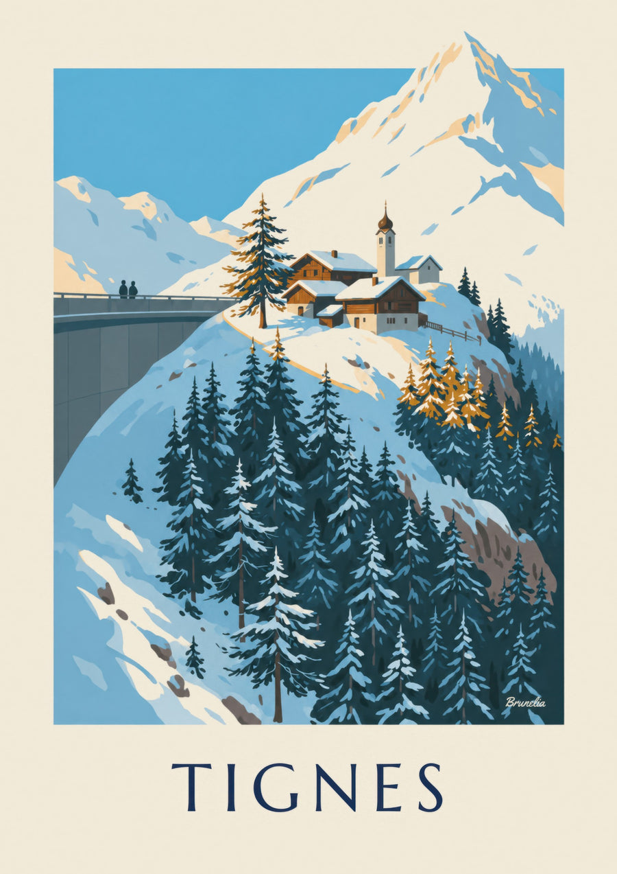 Póster de Tignes 1800 y su campanario en invierno