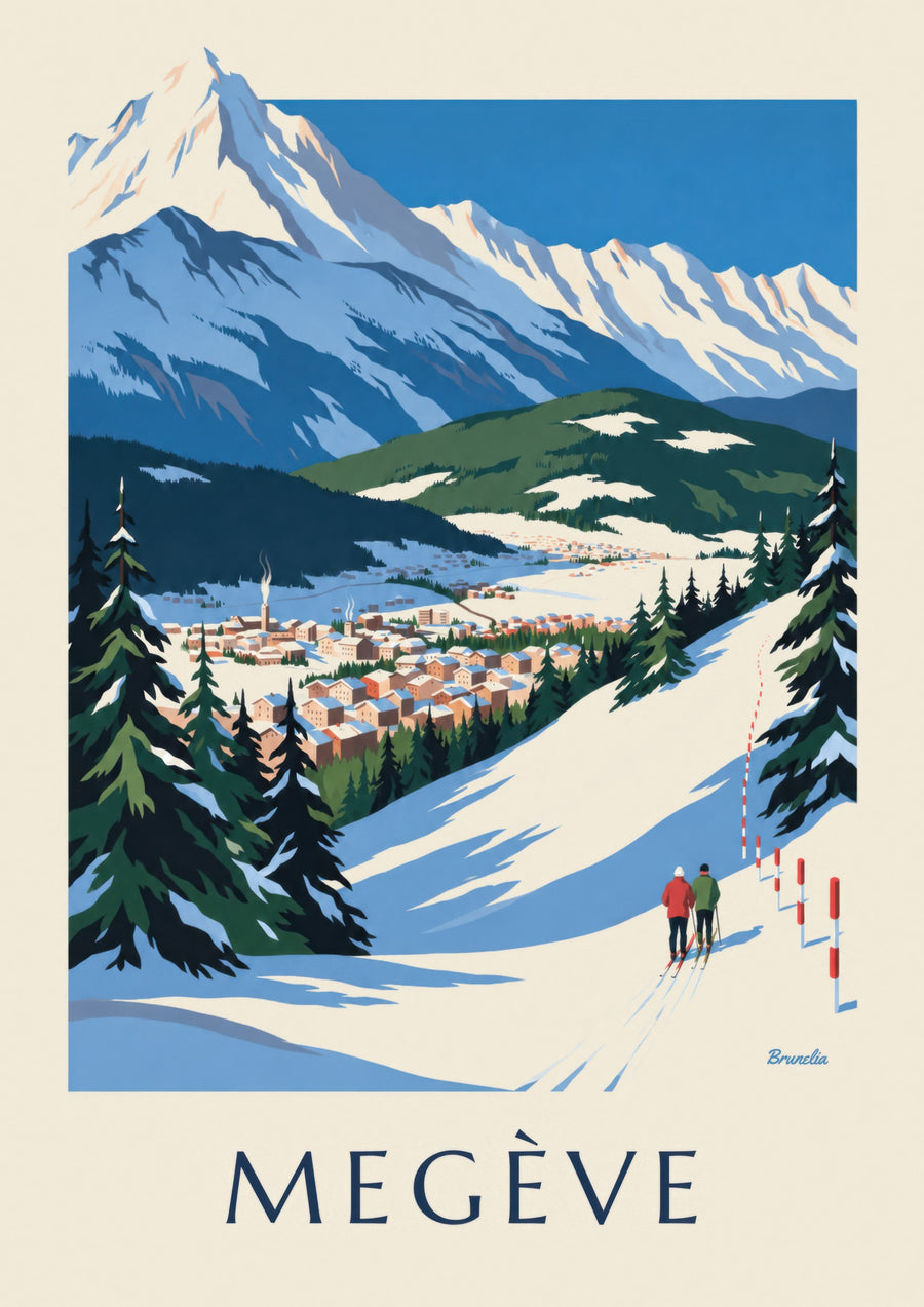 Póster de Megève, las pistas frente al Mont-Blanc