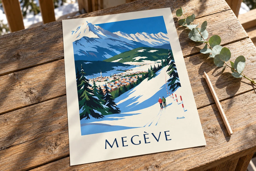 Póster de Megève, las pistas frente al Mont-Blanc : apoyado sobre una mesa