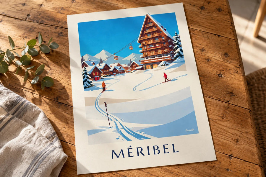 Póster de Méribel-Mottaret bajo el sol : apoyado sobre una mesa