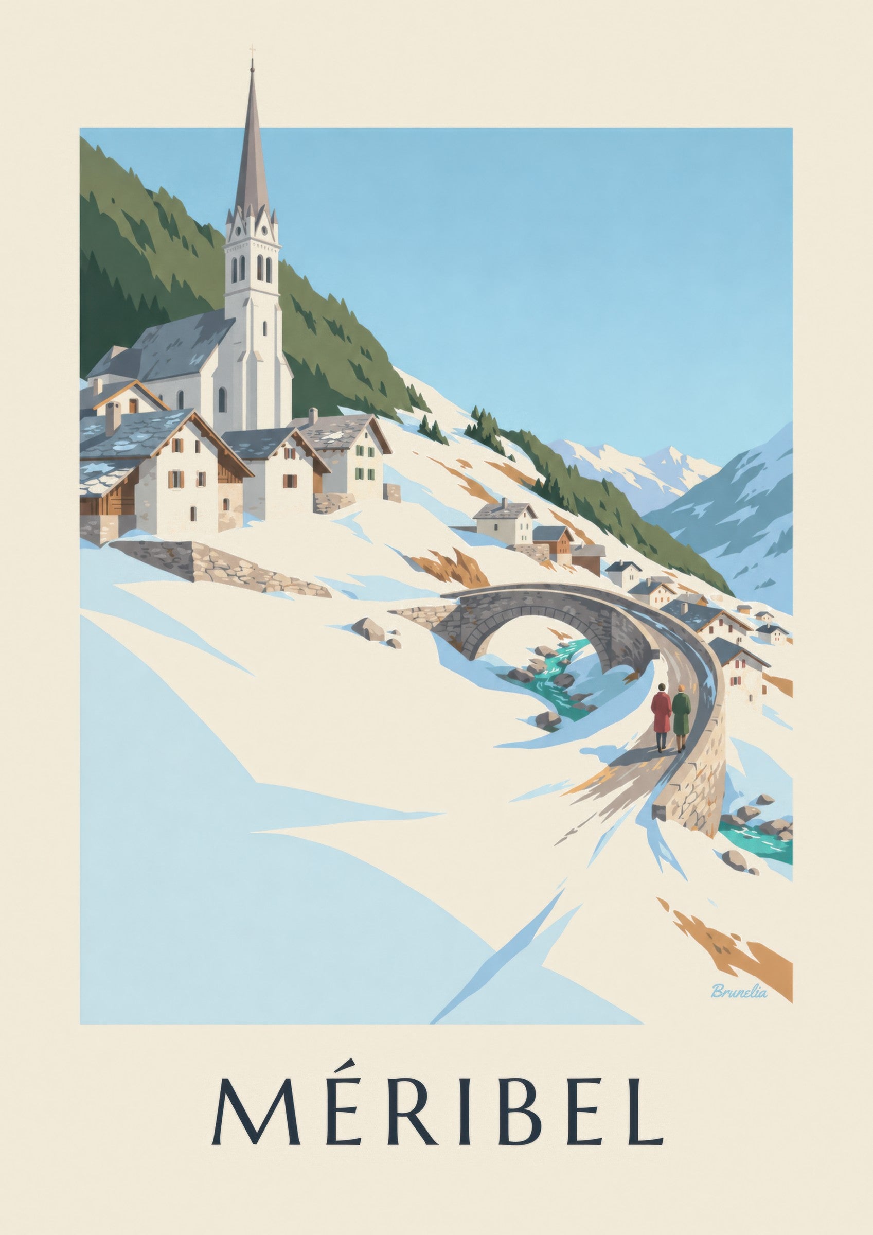 Póster de Méribel con el puente y la iglesia de Les Allues: detalle en primer plano