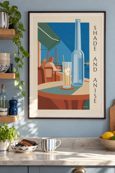 Póster de pastis y jarra de agua en el puerto : enmarcado en la pared