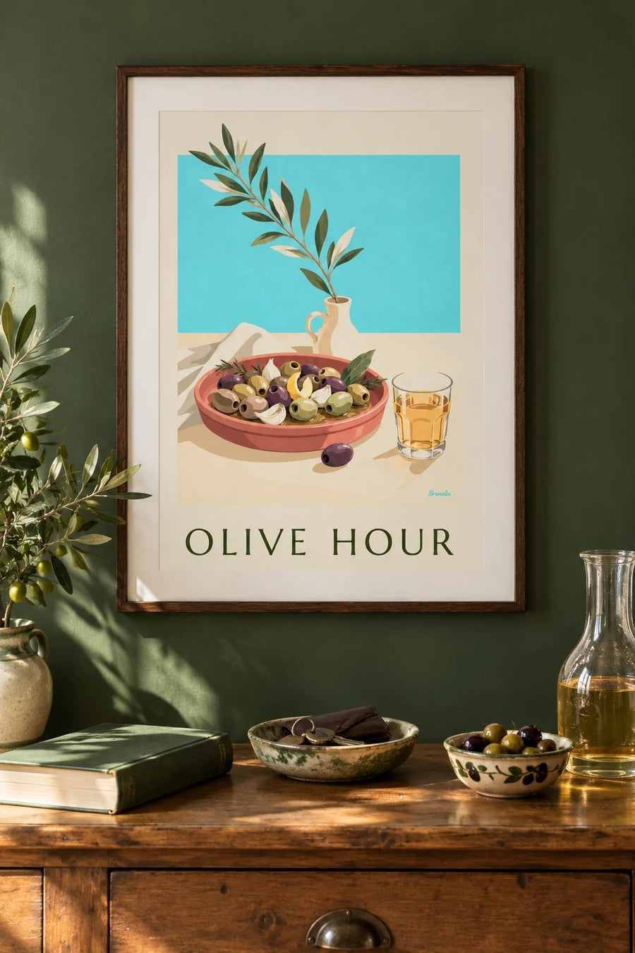 Affiche olives de Provence à l'apéritif : encadrée au mur